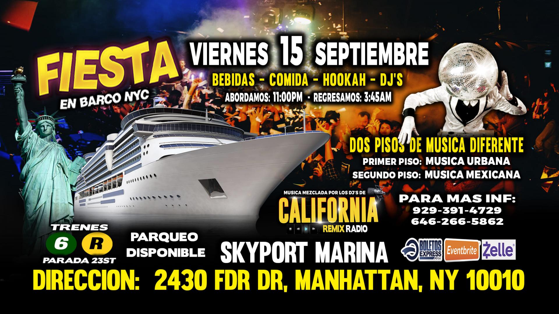 FIESTA EN BARCO +  RADIO DJS + MUSICA URBANA + MUSICA MEXICANA + 2 PISOS DE MUSICA VARIADA
