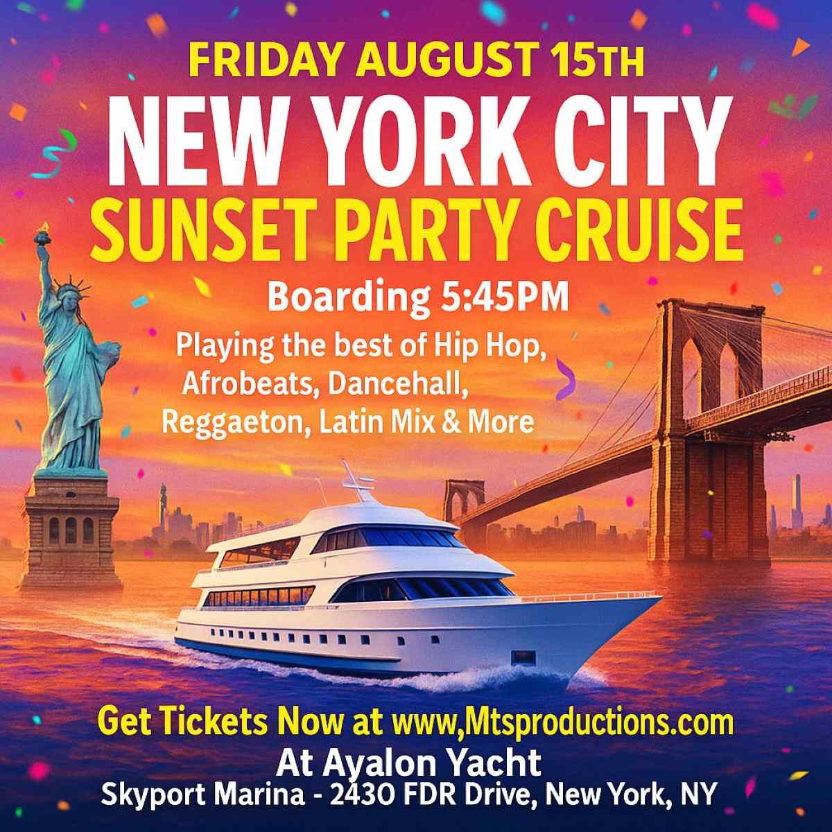 Buy tickets for New York City Sunset Party Cruise – Friday, August 15th | Avalon Yacht New York City Sunset Party Cruise – Friday, August 15th | Avalon Yacht