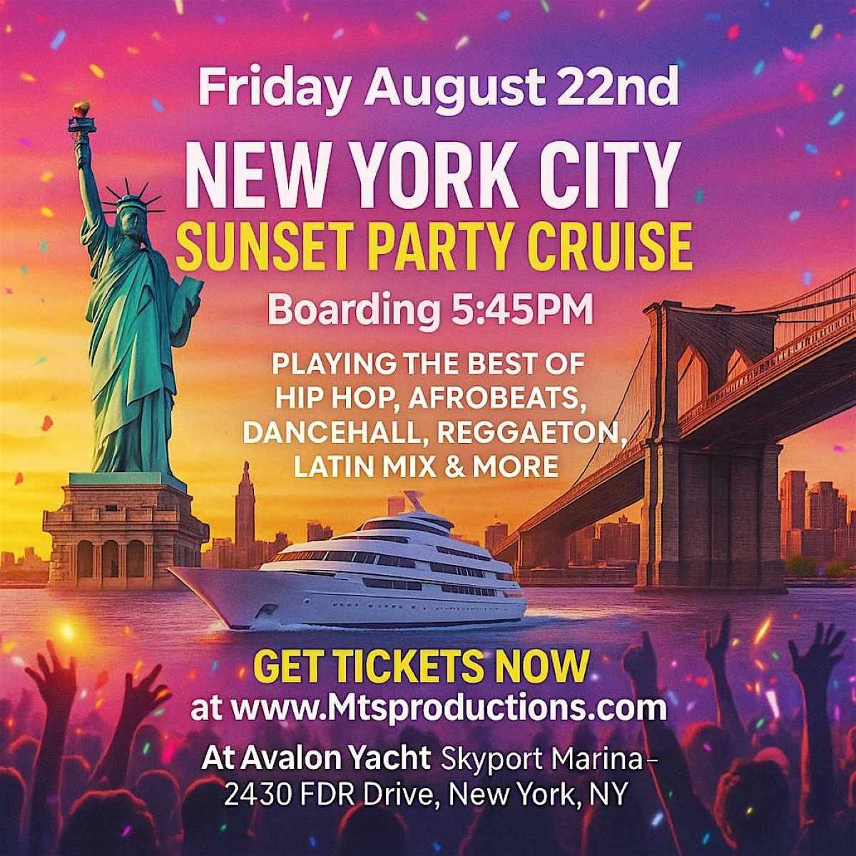 Sunset Party Cruise NYC – Friday, August 22nd | Avalon Yacht