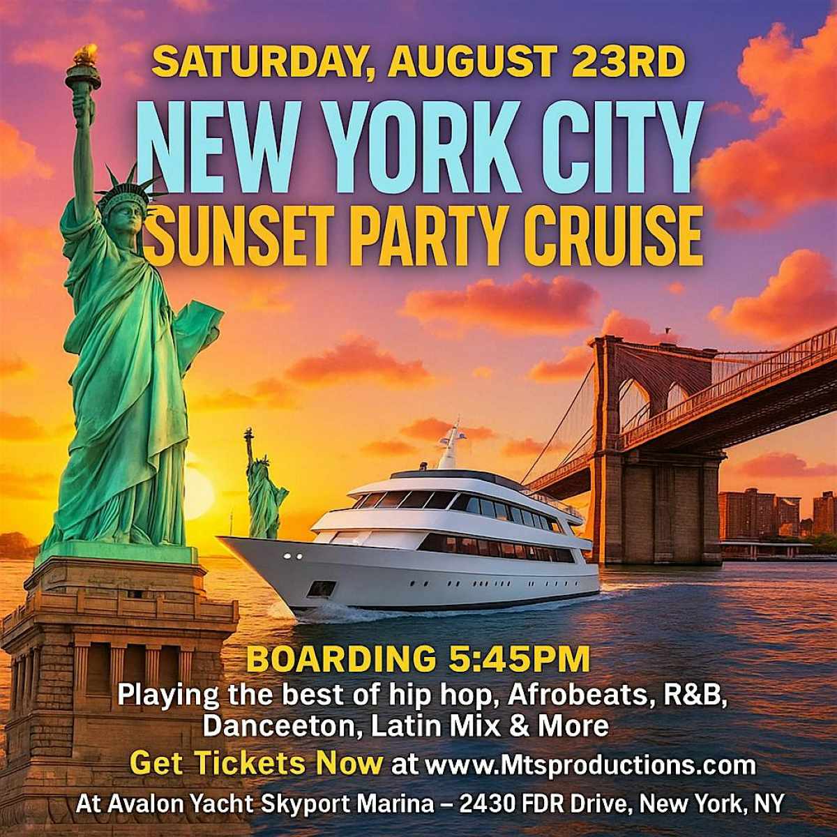 New York City Sunset Party Cruise – Saturday, August 23rd | Avalon Yacht