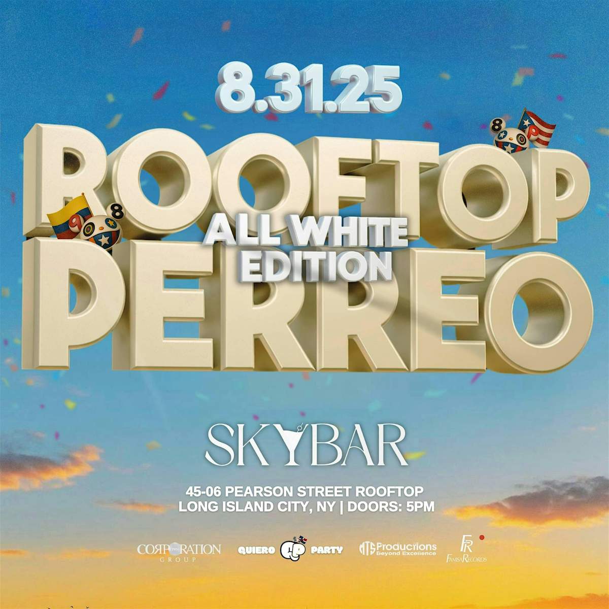Perreo Rooftop All White Edition NYC Sunday, August 31st at Skybar Rooftop