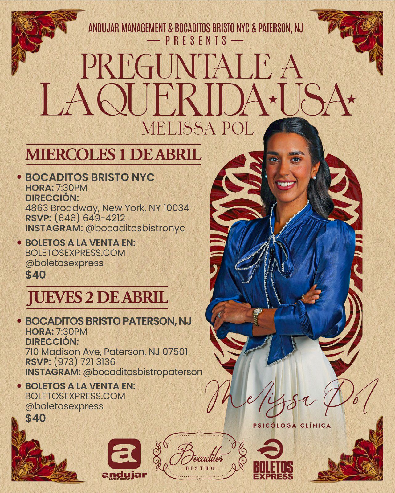 Buy tickets for Melissa Pol - Bocaditos Bristo Paterson, NJ Melissa Pol - Bocaditos Bristo Paterson, NJ