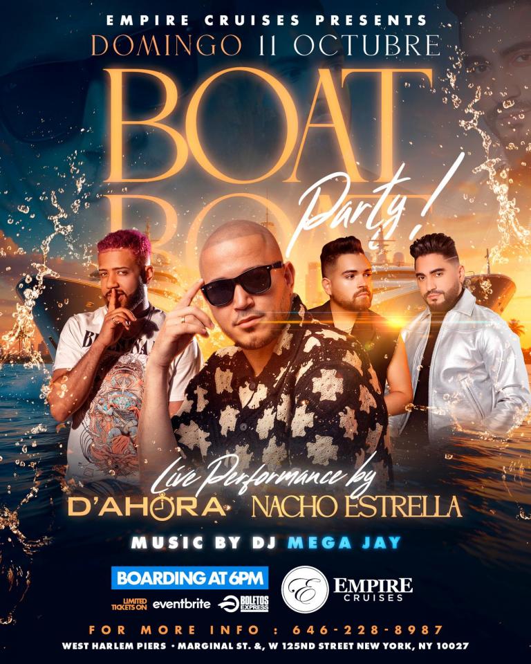 Buy tickets for Nacho Estrella x El Grupo D’Ahora x Dj LOBO x Dj Mega Jay, BOAT PARTY! Nacho Estrella x El Grupo D’Ahora x Dj LOBO x Dj Mega Jay, BOAT PARTY!